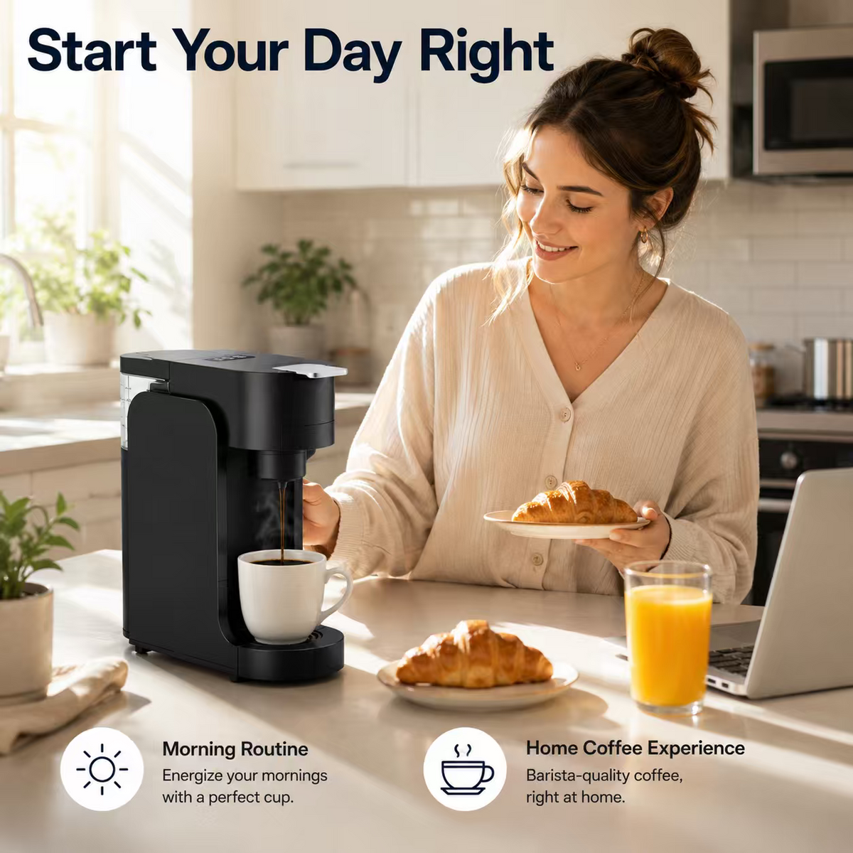 Icreopro Single Serve Coffee Maker, 2-in-1 Pod and Ground Coffee Brewer with Reusable Filter, 14 oz Water Reservoir, Fast Heat-Up, Black