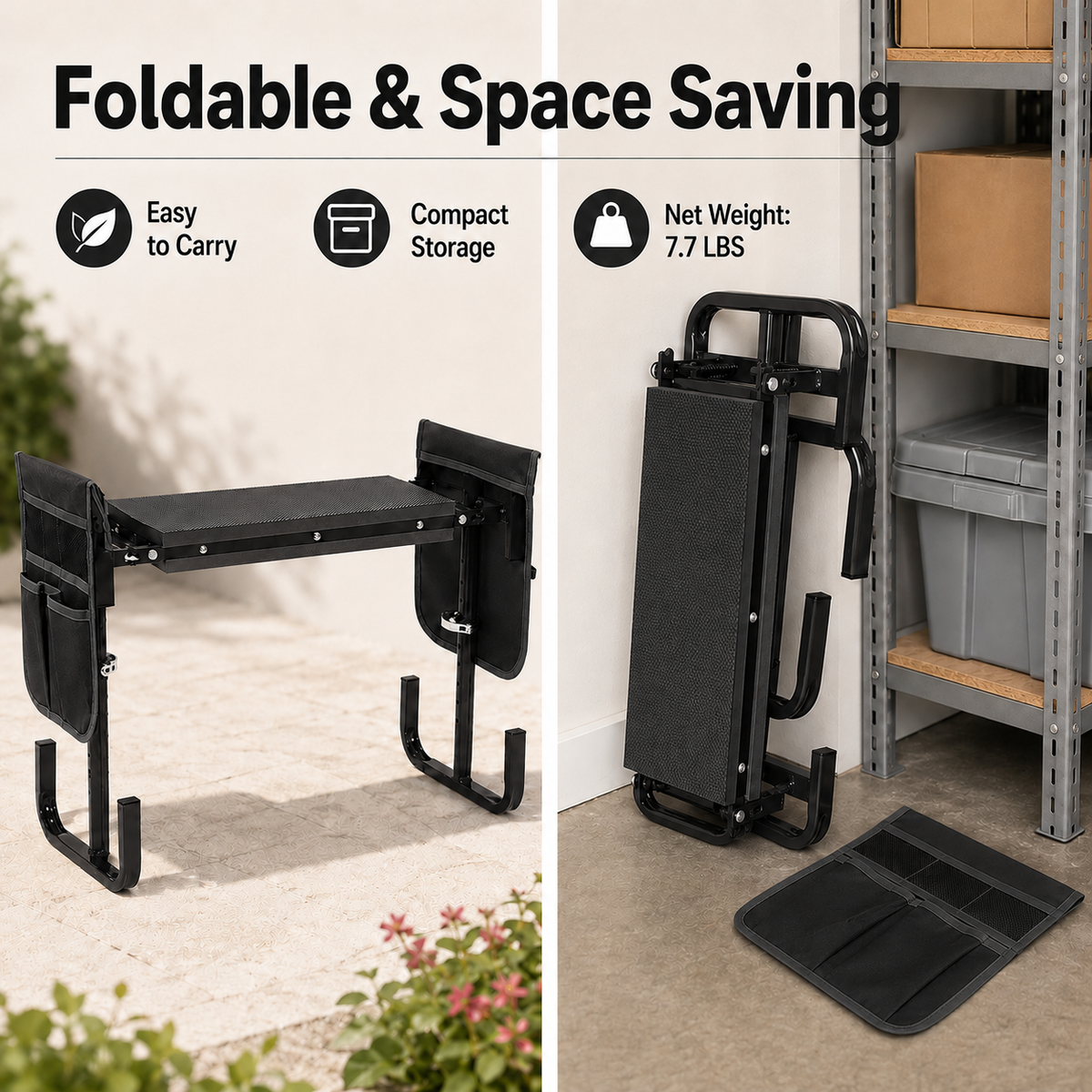 Icreopro Folding Garden Kneeler, Portable Outdoor Garden Work Stool, Kneeling Pad & Cushion Seat, Black