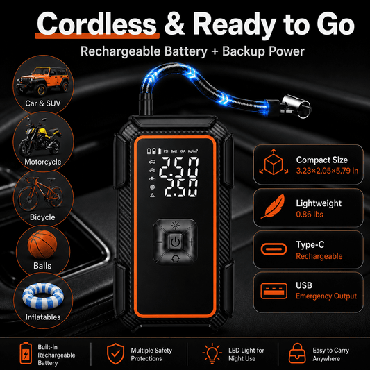 ICREOPRO Cordless Tire Inflator Portable Air Compressor,160 PSI Air Pump with LED Light & Digital Pressure Gauge,Electric Pump for Cars, Bicycle, Motorcycles