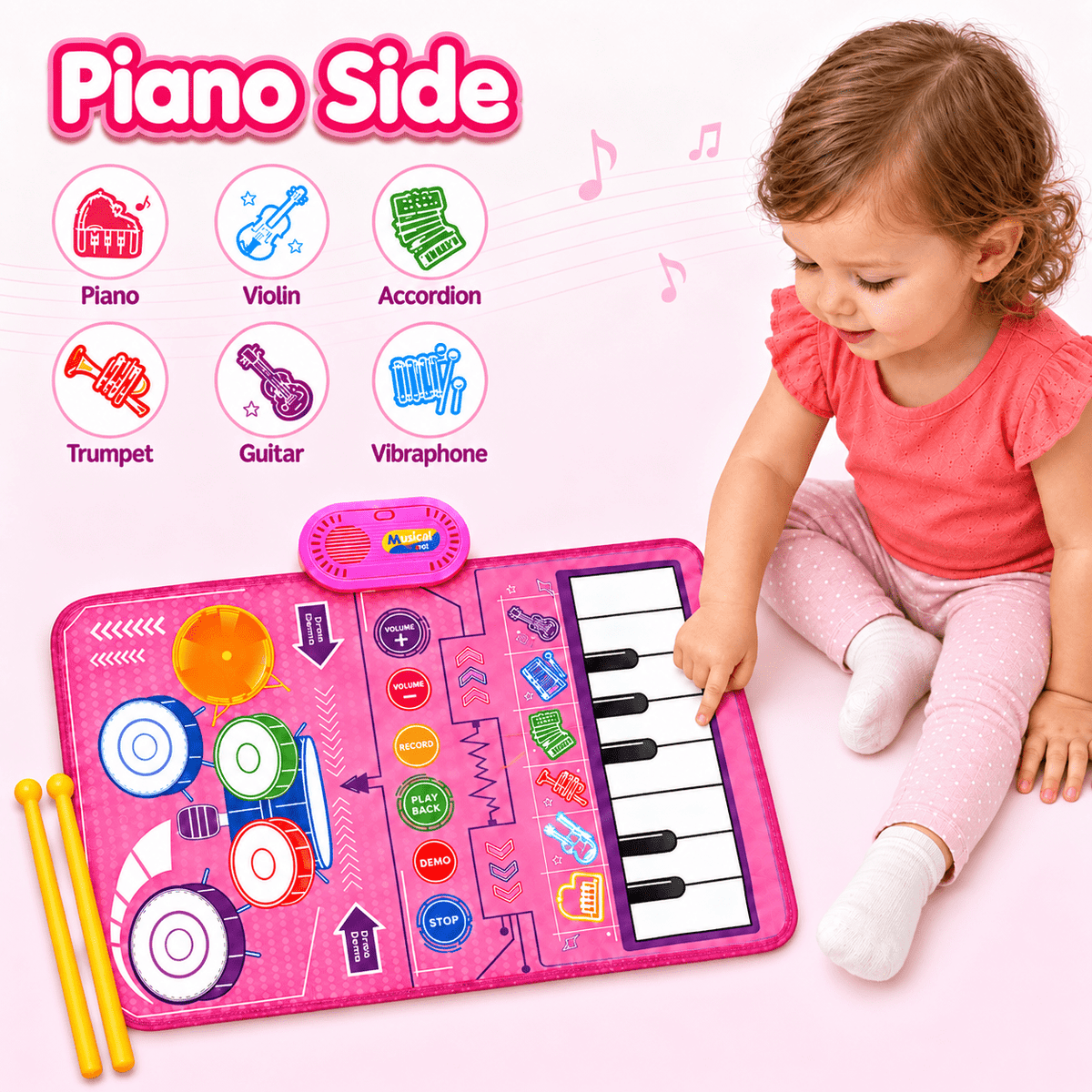 ICREOPRO 3-in-1 Toddler Musical Play Mat, Piano and Electronic Drum Toy with 13 Touch Keys, 6 Instrument Sounds and 2 Drumsticks, Birthday Christmas Gift for Girls and Boys Ages 18 Months-4 Years, Pi