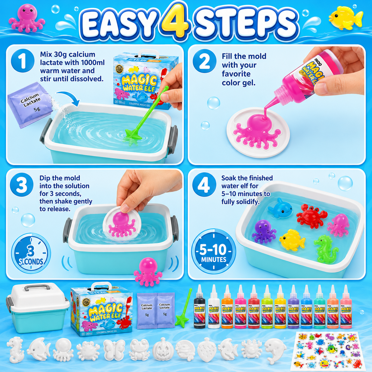 ICREOPRO Magic Gel Water Pets Toy Kit for Kids, 30-Piece Magic Water Elf DIY Craft Set with 12 Color Gels, 12 Reusable Molds and Activity Box, Birthday & Summer Gifts for Kids Ages 3+