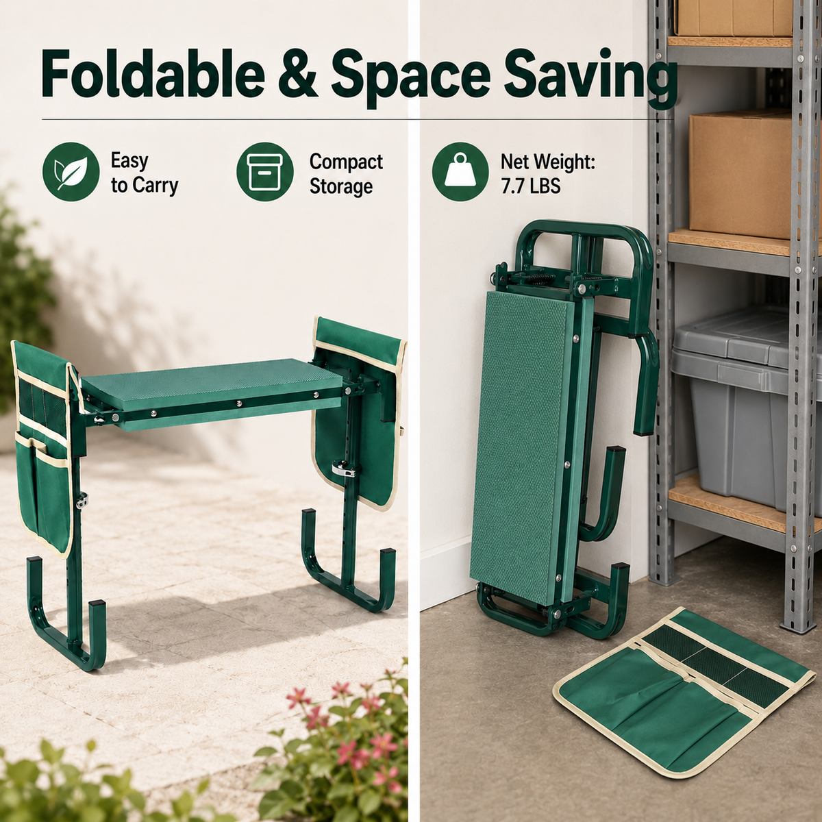 Icreopro Folding Garden Kneeler, Portable Outdoor Garden Work Stool, Kneeling Pad & Cushion Seat, Green