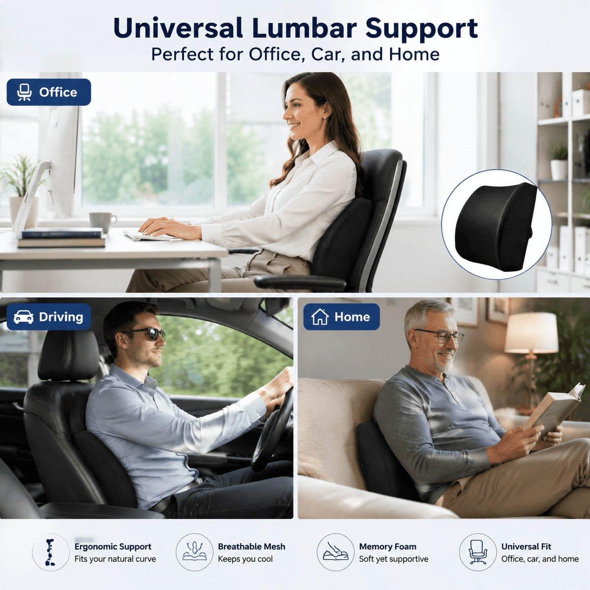 Icreopro Ergonomic Lumbar Support Pillow for Office Chairs, Car Seats and Home Seating, Memory Foam Back Cushion with Breathable 3D Mesh Cover, Black