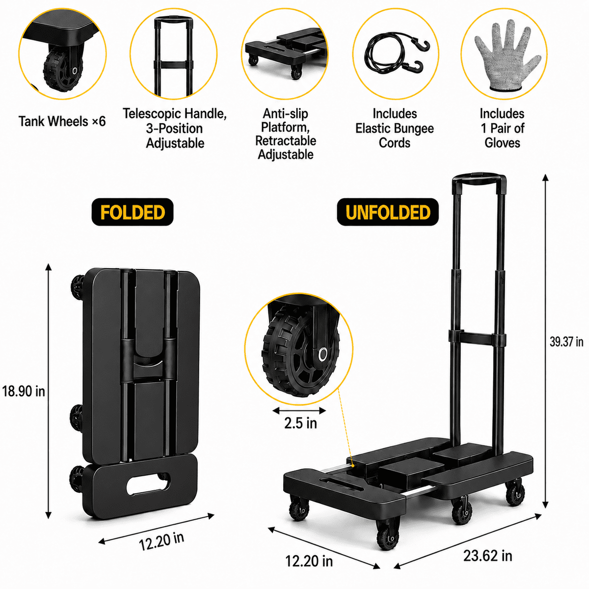 Icreopro Folding Hand Truck, 500 lbs Heavy Duty Dolly Cart, 6 Stair Climbing Wheels, Telescopic Handle, Utility Cart for Moving Shopping Travel, Black