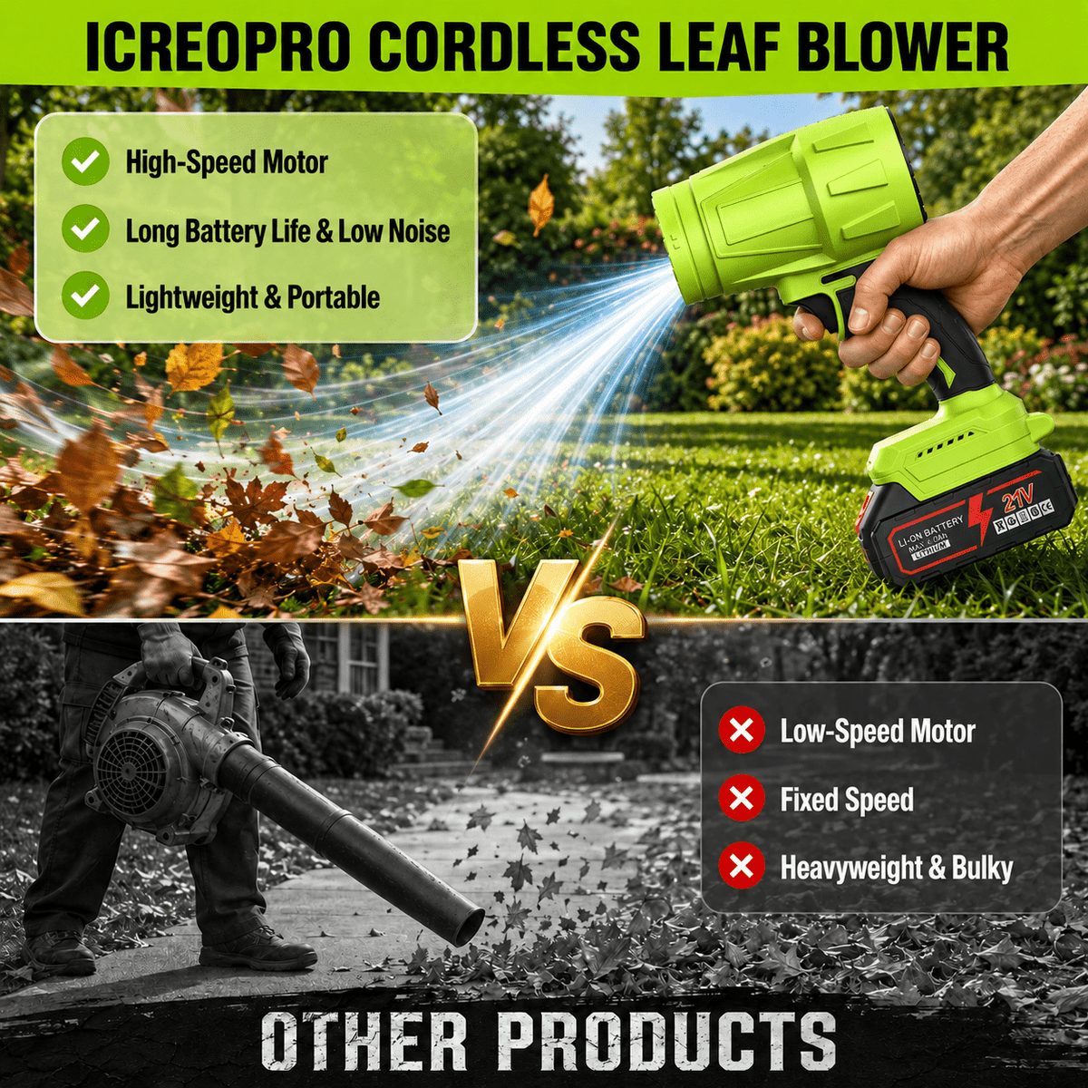 Icreopro Cordless Leaf Blower, 21V Portable Handheld  Leaf Blower with Variable Speed Control,Rechargeable  Lightweight Blower for Yard, Patio and Garage