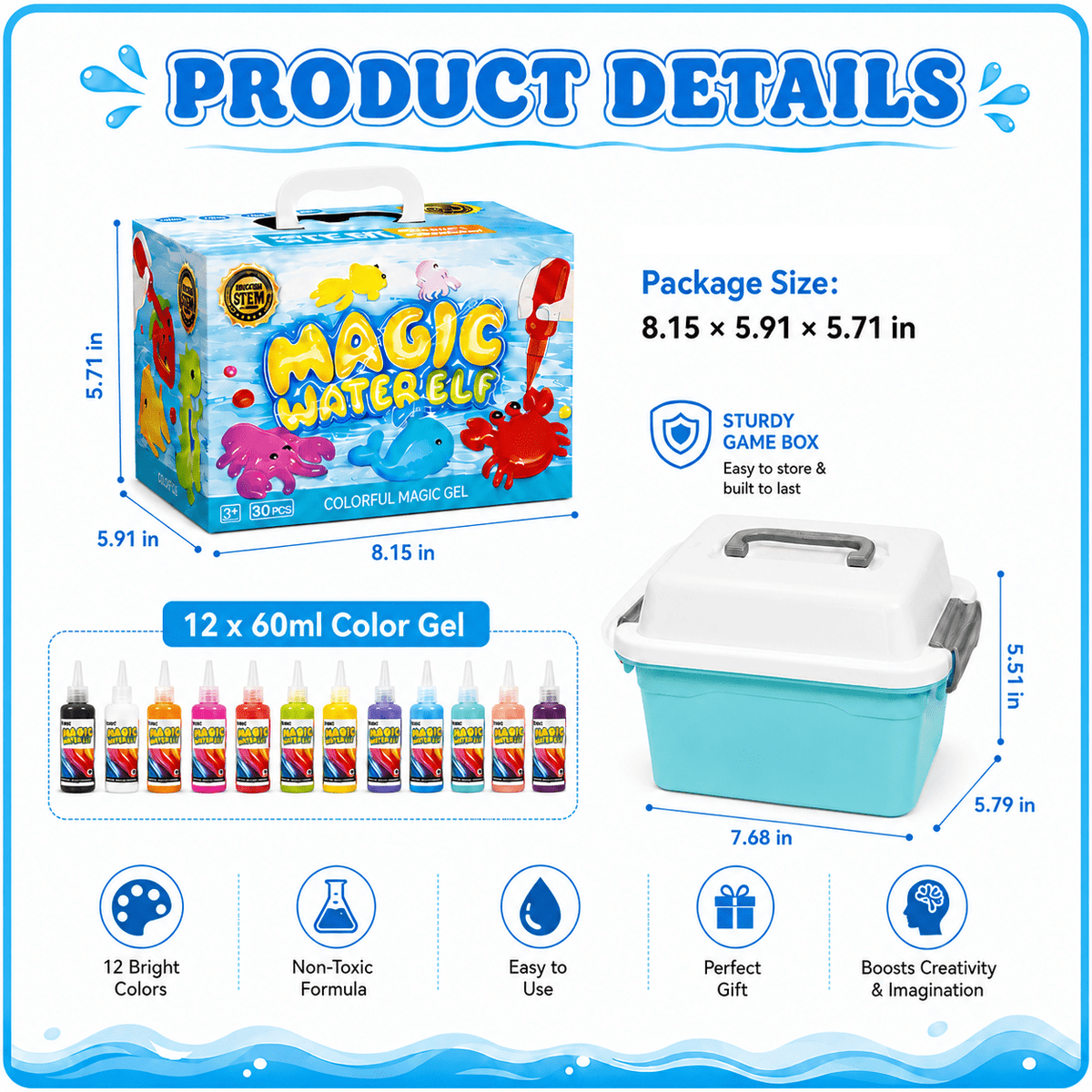 ICREOPRO Magic Gel Water Pets Toy Kit for Kids, 30-Piece Magic Water Elf DIY Craft Set with 12 Color Gels, 12 Reusable Molds and Activity Box, Birthday & Summer Gifts for Kids Ages 3+