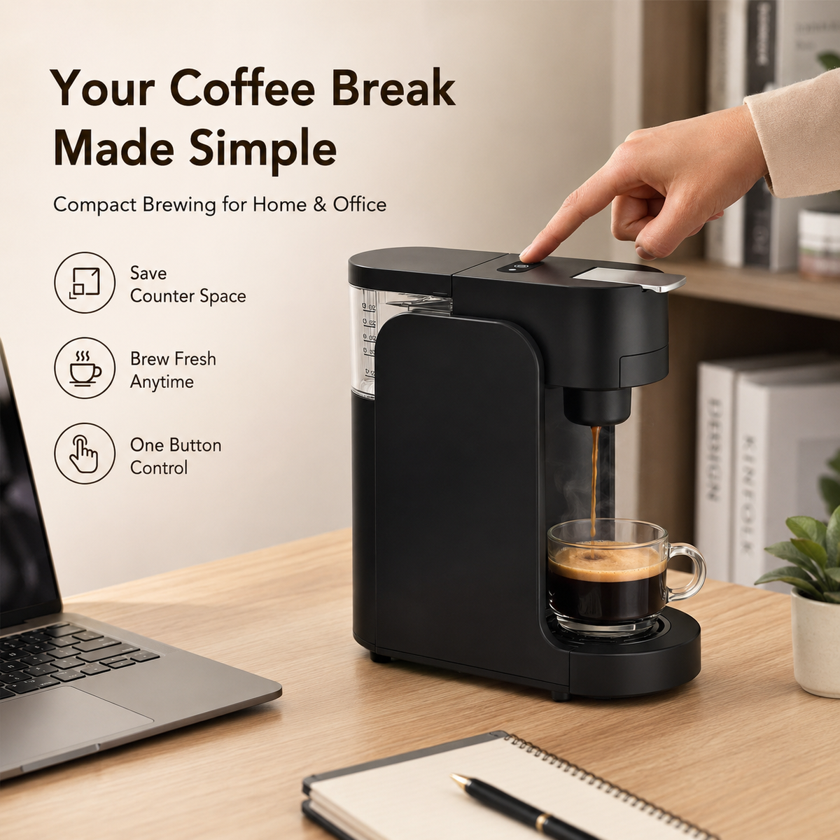 Icreopro Single Serve Coffee Maker, 2-in-1 Pod and Ground Coffee Brewer with Reusable Filter, 14 oz Water Reservoir, Fast Heat-Up, Black