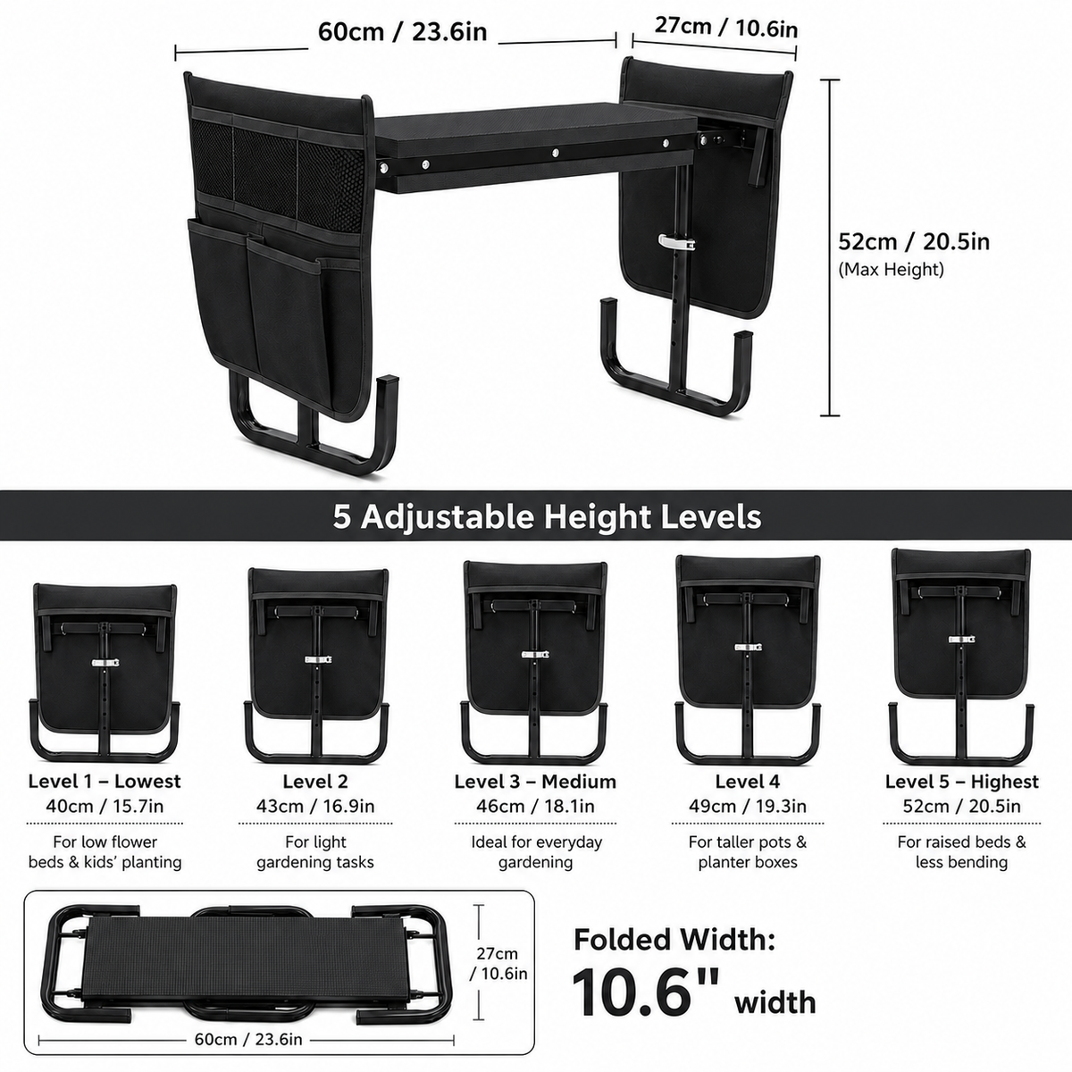Icreopro Folding Garden Kneeler, Portable Outdoor Garden Work Stool, Kneeling Pad & Cushion Seat, Black