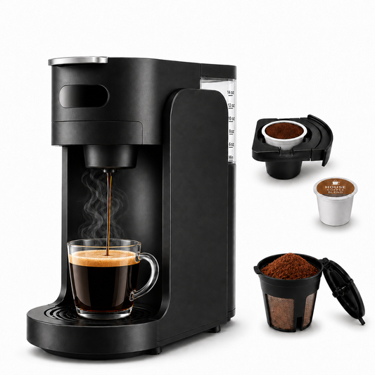 Icreopro Single Serve Coffee Maker, 2-in-1 Pod and Ground Coffee Brewer with Reusable Filter, 14 oz Water Reservoir, Fast Heat-Up, Black