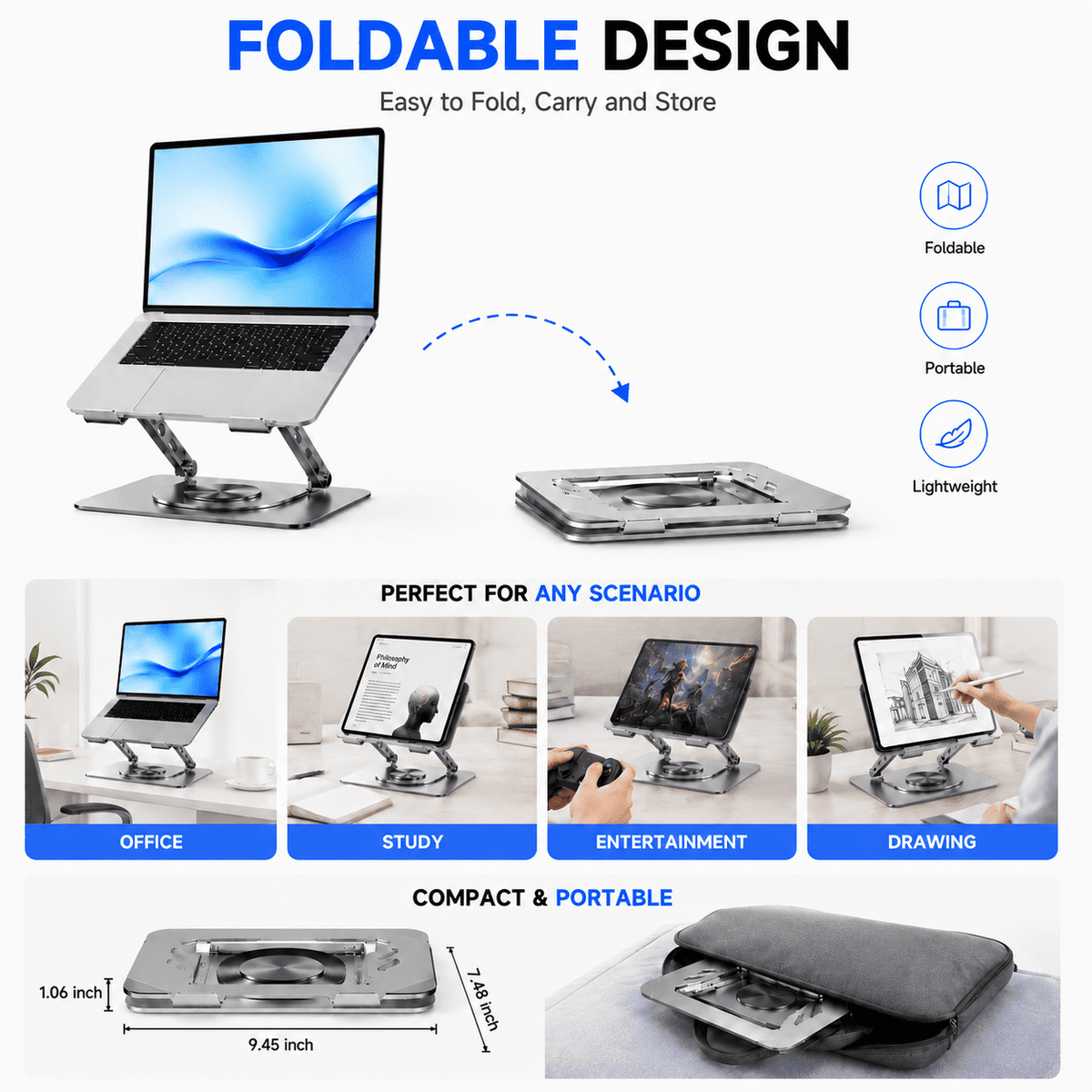 Icreopro Adjustable Laptop Stand for Desk, 360° Rotating Foldable Laptop Holder, Compatible with Laptops and Tablets up to 15.6",Gray