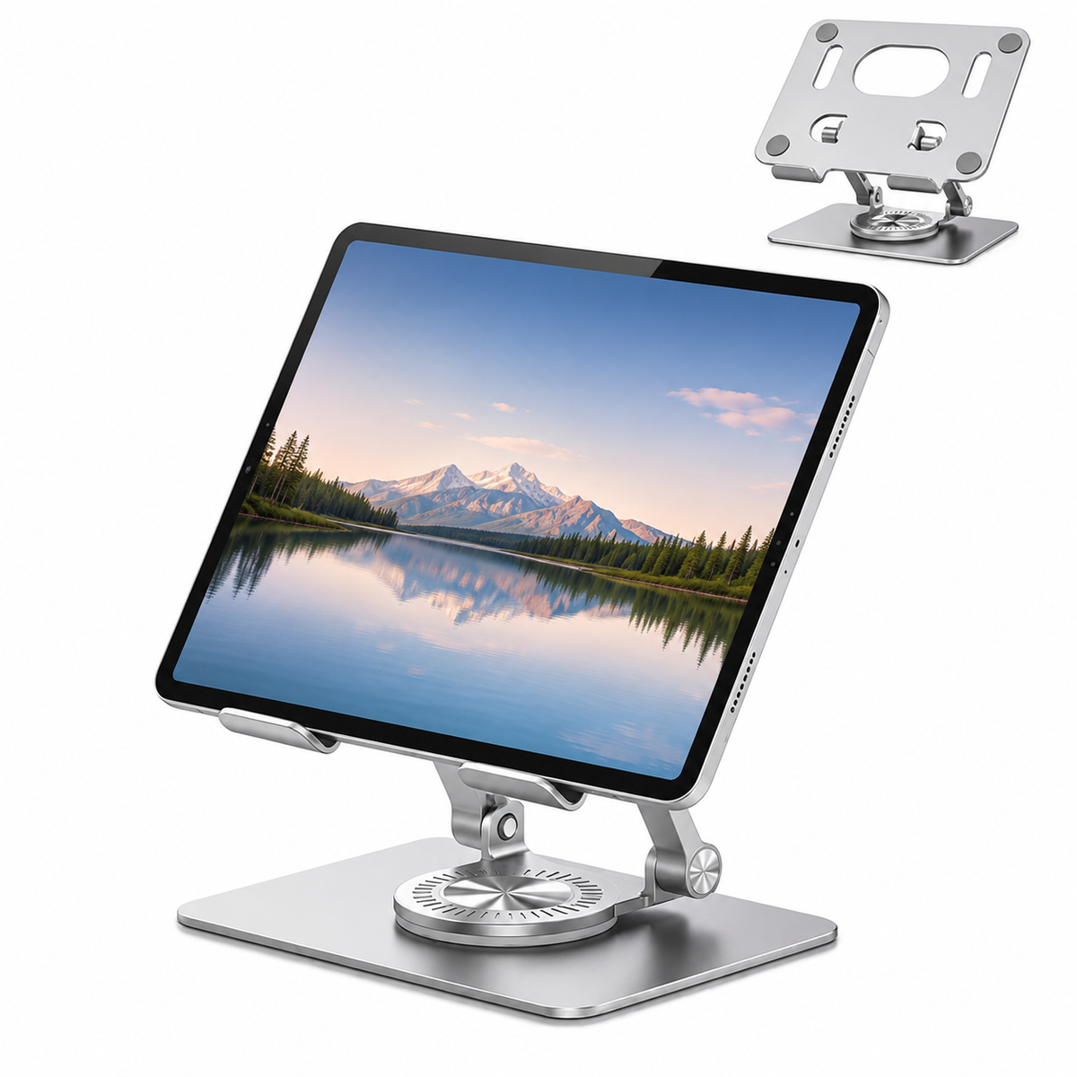 Icreopro Adjustable Tablet Stand for Desk, Aluminum iPad Holder with 360° Swivel Base, Silver