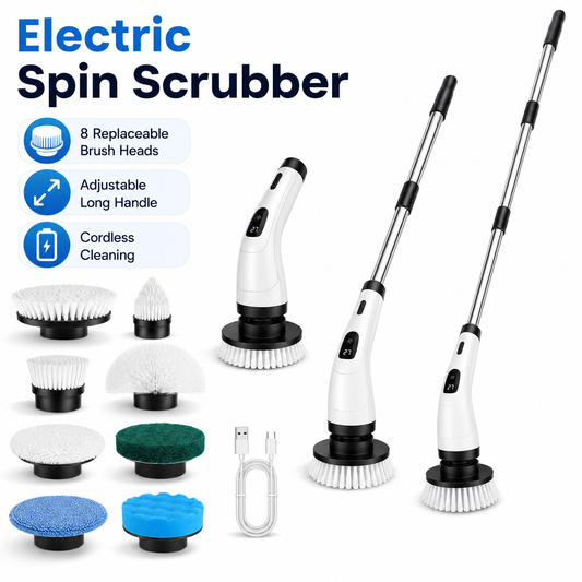Icreopro Electric Spin Scrubber, Cordless Bathroom Cleaner with 8 Replaceable Brush Heads, Modular Extension Handle and Dual Speed Control for Shower Tile, Grout, Kitchen and Floor
