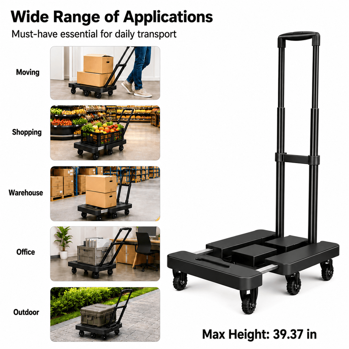 Icreopro Folding Hand Truck, 500 lbs Heavy Duty Dolly Cart, 6 Stair Climbing Wheels, Telescopic Handle, Utility Cart for Moving Shopping Travel, Black