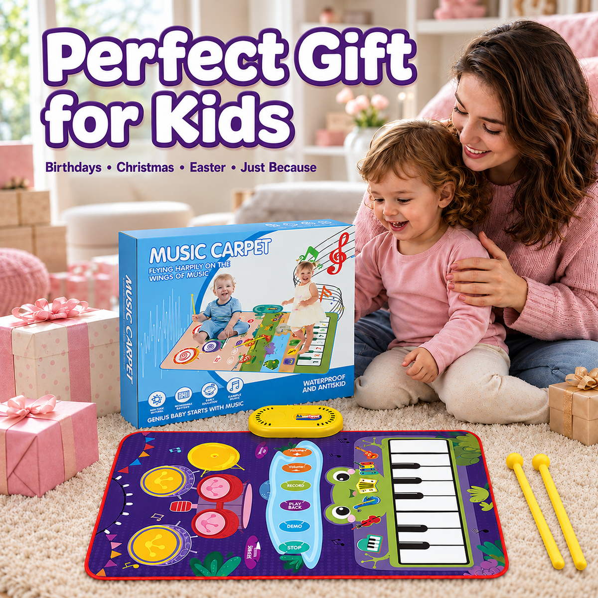 ICREOPRO 3-in-1 Toddler Musical Play Mat, Piano and Electronic Drum Toy with 13 Touch Keys, 6 Instrument Sounds and 2 Drumsticks, Birthday Christmas Gift for Girls and Boys Ages 18 Months-4 Years, Pu