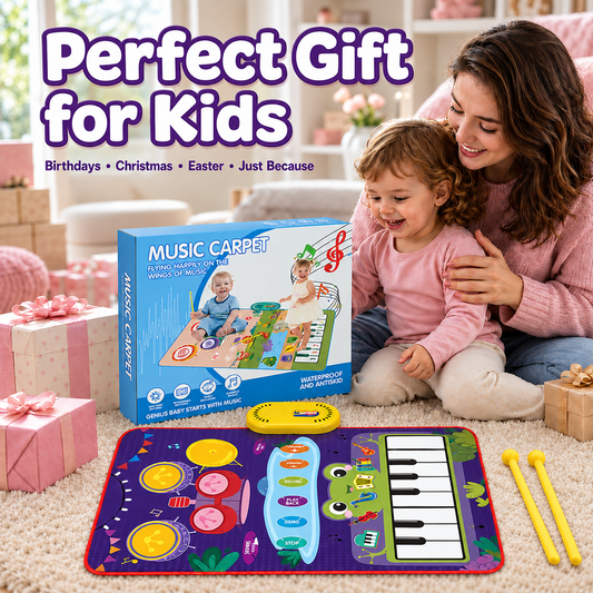 ICREOPRO 3-in-1 Toddler Musical Play Mat, Piano and Electronic Drum Toy with 13 Touch Keys, 6 Instrument Sounds and 2 Drumsticks, Birthday Christmas Gift for Girls and Boys Ages 18 Months-4 Years, Pu