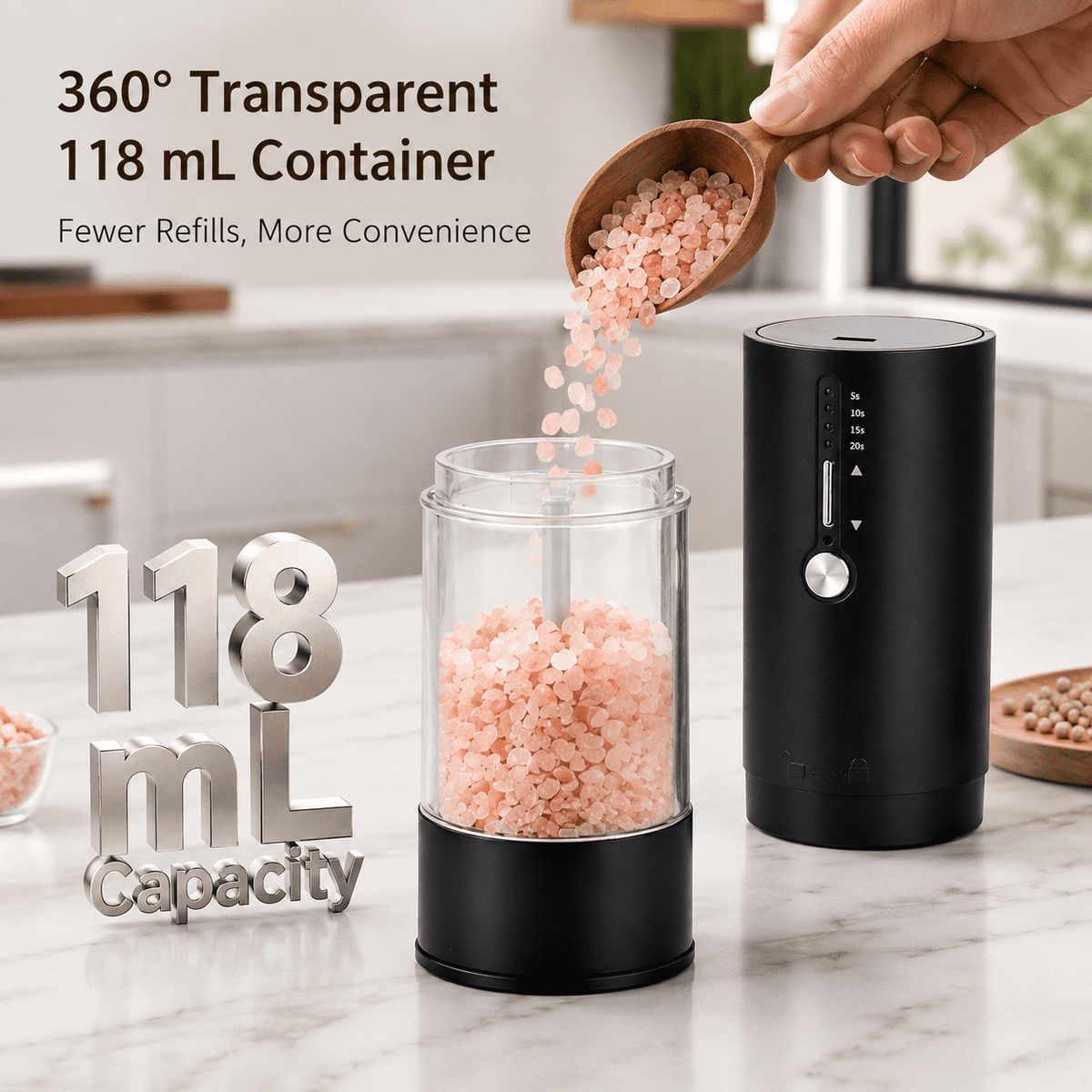 Icreopro Electric Salt and Pepper Mills Set, 2 Pack, Adjustable Coarseness, LED Light, Type-C Rechargeable, Black