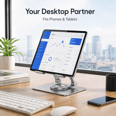 Icreopro Adjustable Tablet Stand for Desk, Aluminum iPad Holder with 360° Swivel Base, Silver