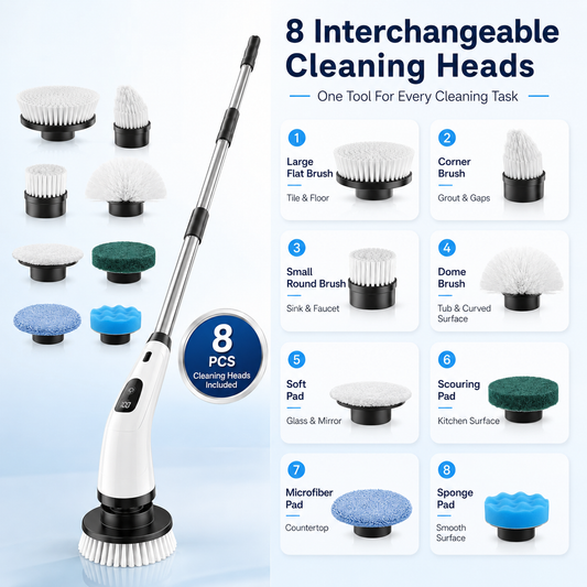 Icreopro Electric Spin Scrubber, Cordless Bathroom Cleaner with 8 Replaceable Brush Heads, Modular Extension Handle and Dual Speed Control for Shower Tile, Grout, Kitchen and Floor