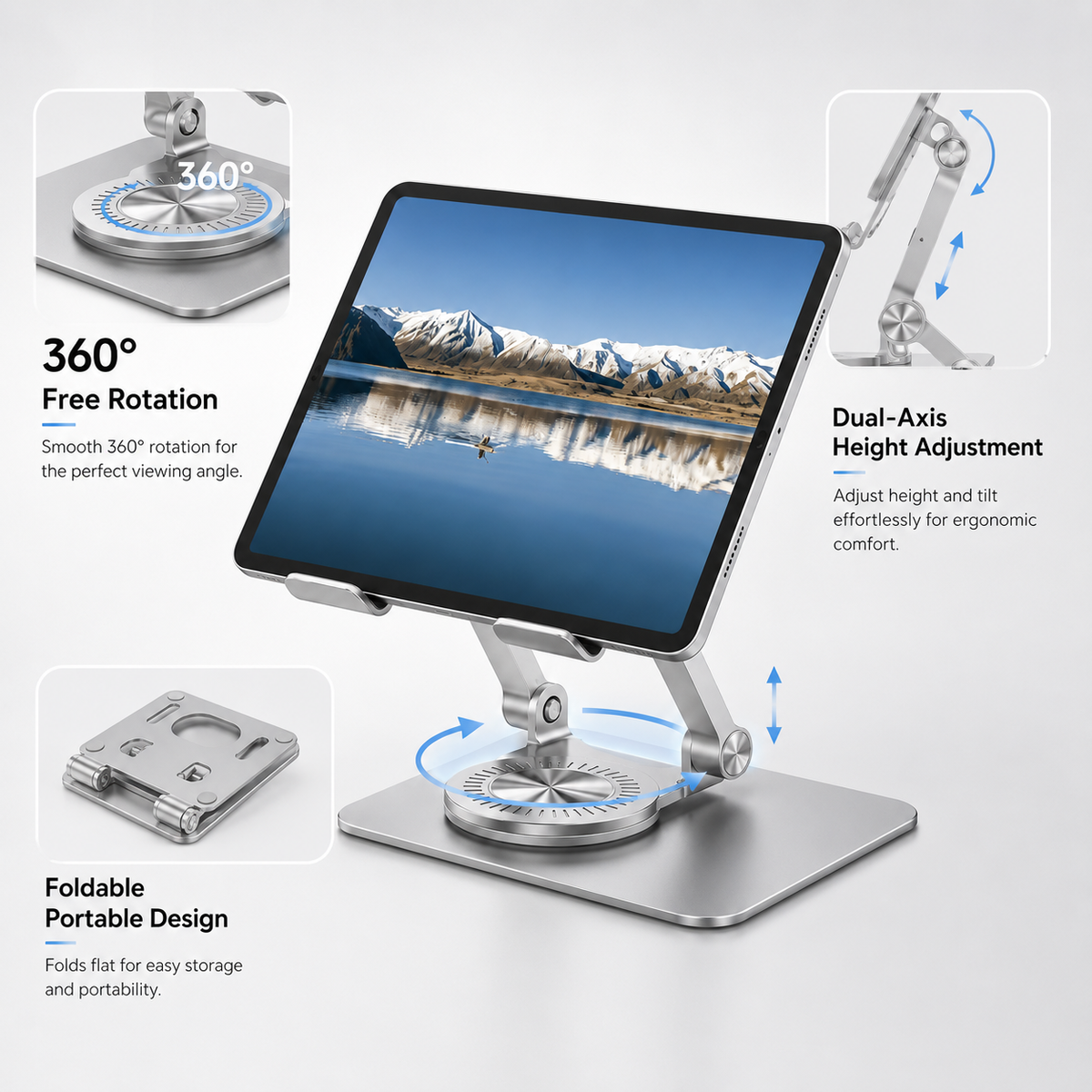 Icreopro Adjustable Tablet Stand for Desk, Aluminum iPad Holder with 360° Swivel Base, Silver