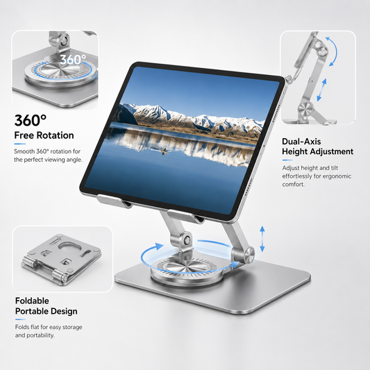 Icreopro Adjustable Tablet Stand for Desk, Aluminum iPad Holder with 360° Swivel Base, Silver