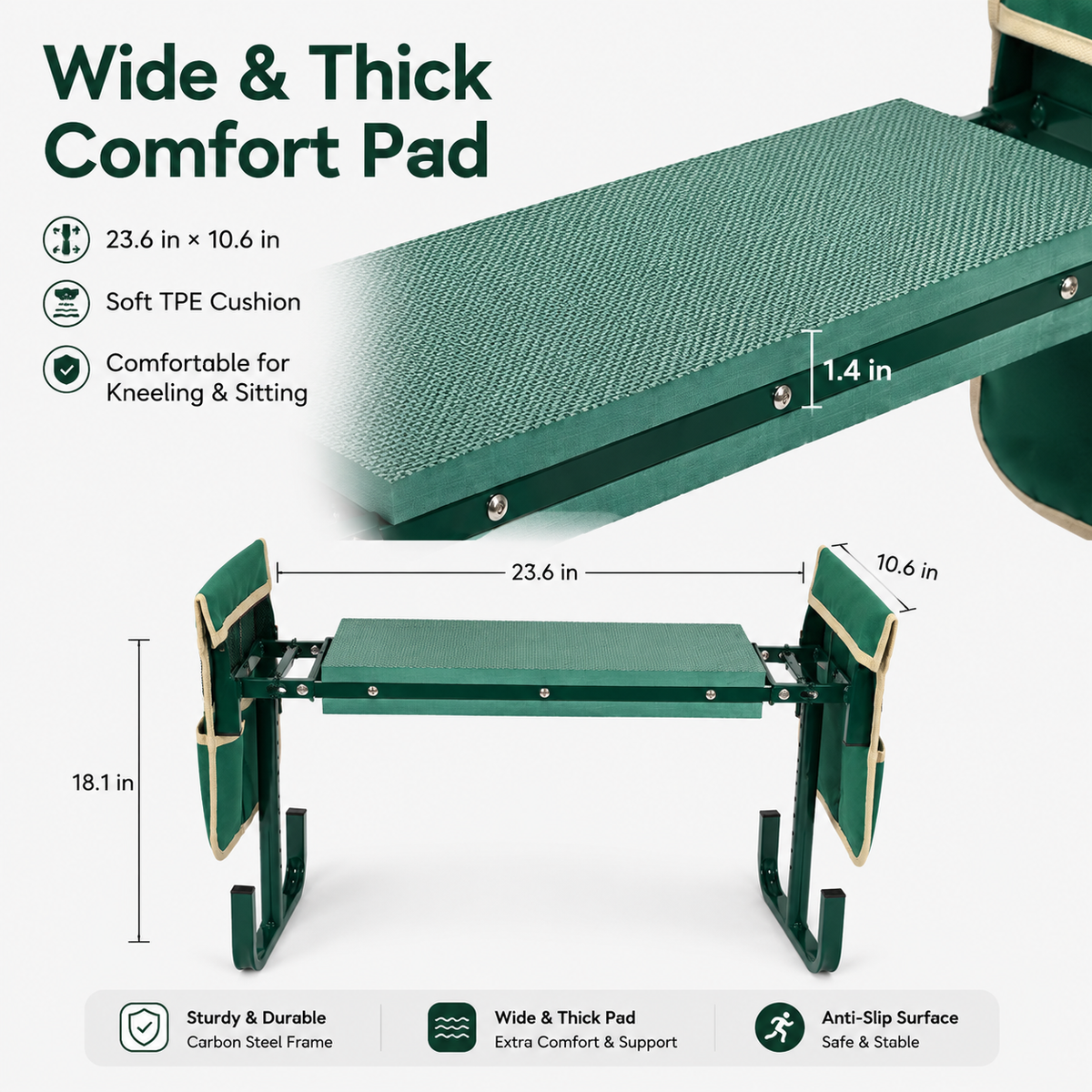 Icreopro Folding Garden Kneeler, Portable Outdoor Garden Work Stool, Kneeling Pad & Cushion Seat, Green