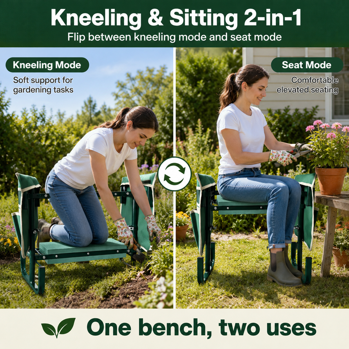 Icreopro Folding Garden Kneeler, Portable Outdoor Garden Work Stool, Kneeling Pad & Cushion Seat, Green