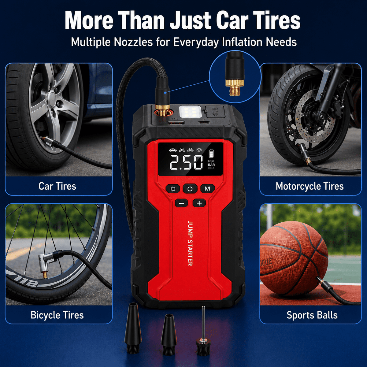 Icreopro Portable Car Battery Jump Starter with Air Compressor, 1800A Peak, 150 PSI Auto-Stop Tire Inflator, USB Power Bank, Red and Black