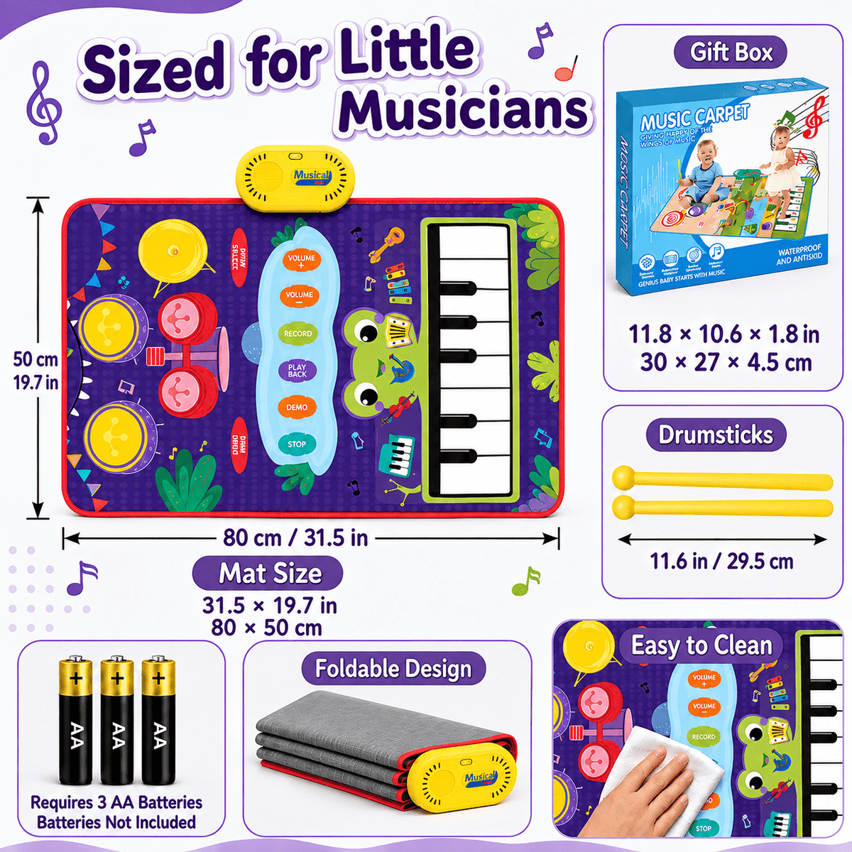 ICREOPRO 3-in-1 Toddler Musical Play Mat, Piano and Electronic Drum Toy with 13 Touch Keys, 6 Instrument Sounds and 2 Drumsticks, Birthday Christmas Gift for Girls and Boys Ages 18 Months-4 Years, Pu