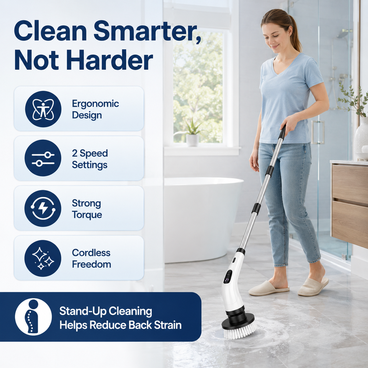 Icreopro Electric Spin Scrubber, Cordless Bathroom Cleaner with 8 Replaceable Brush Heads, Modular Extension Handle and Dual Speed Control for Shower Tile, Grout, Kitchen and Floor