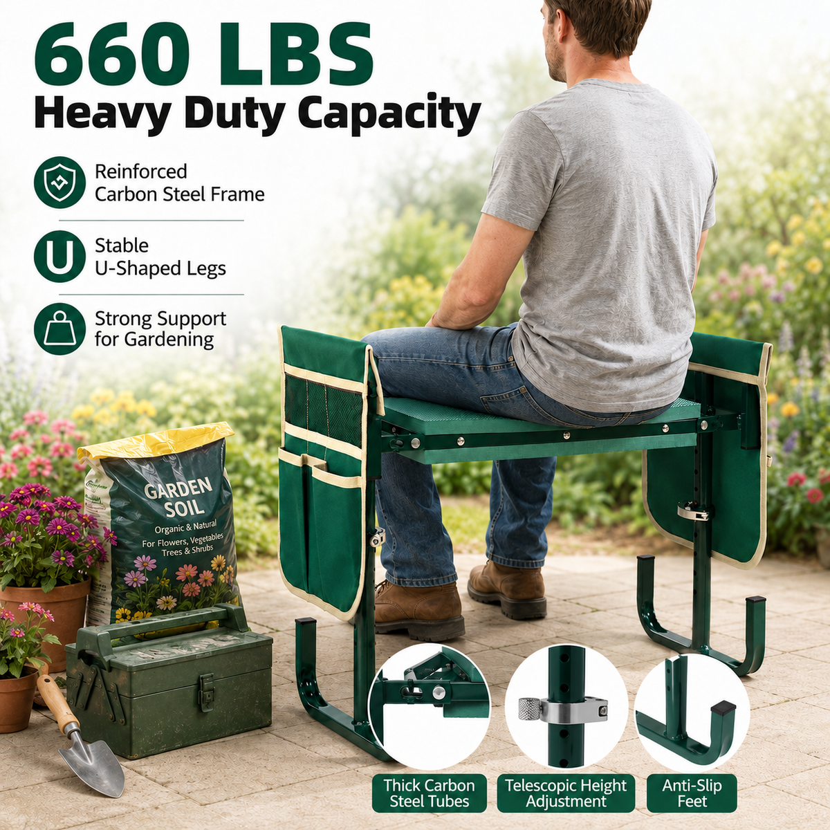 Icreopro Folding Garden Kneeler, Portable Outdoor Garden Work Stool, Kneeling Pad & Cushion Seat, Green