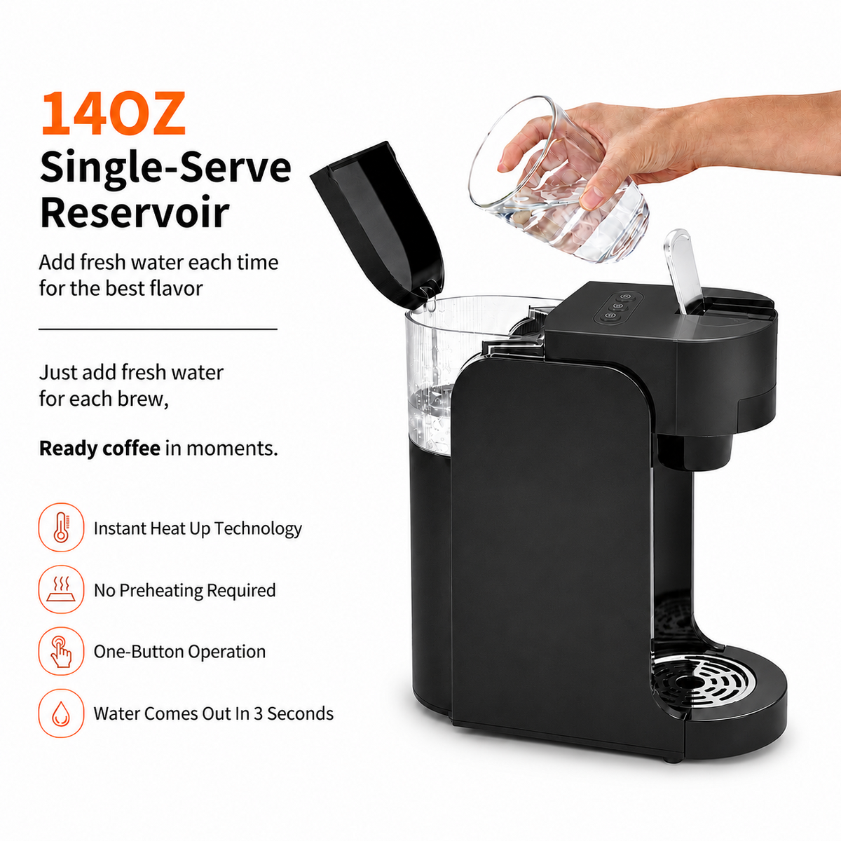 Icreopro Single Serve Coffee Maker, 2-in-1 Pod and Ground Coffee Brewer with Reusable Filter, 14 oz Water Reservoir, Fast Heat-Up, Black