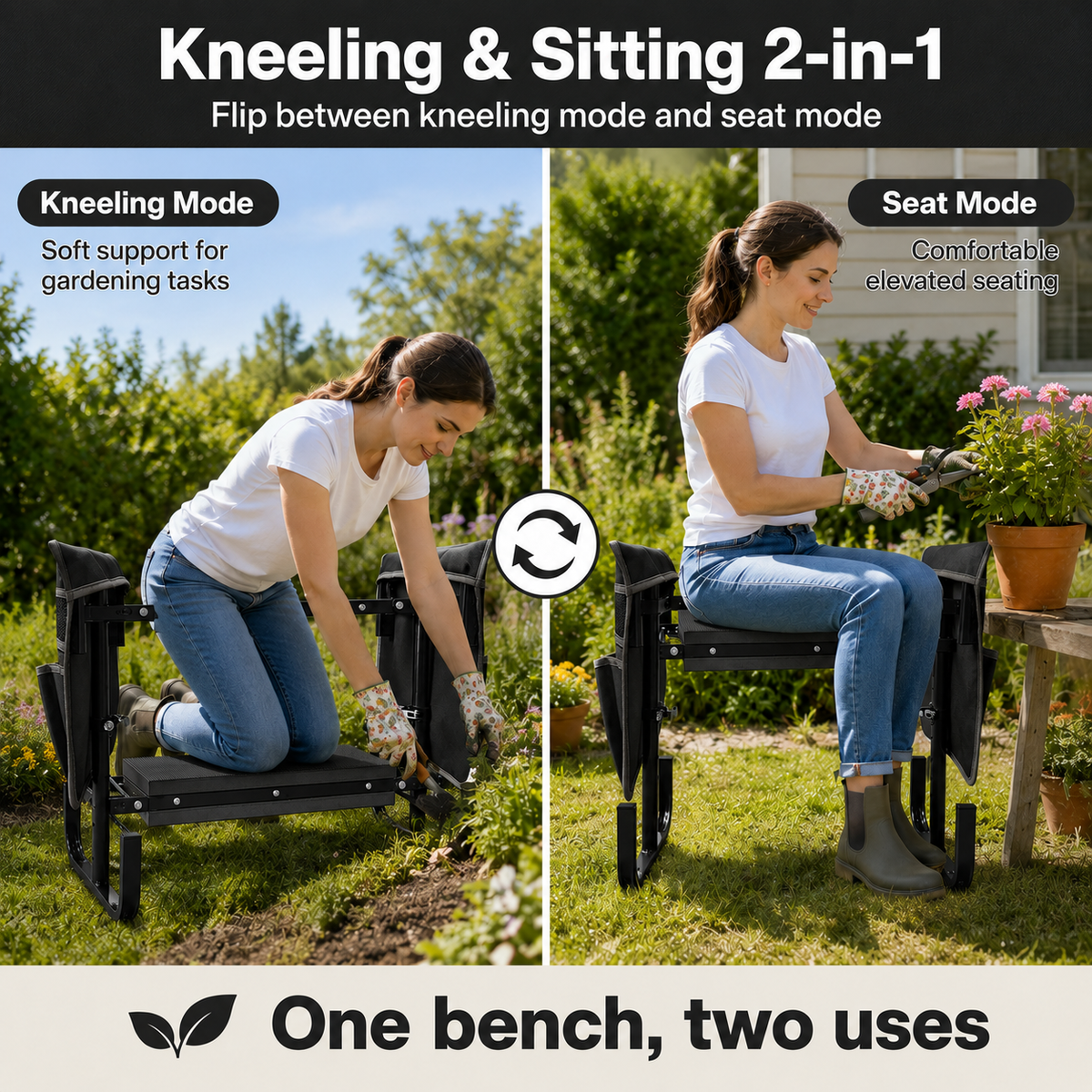 Icreopro Folding Garden Kneeler, Portable Outdoor Garden Work Stool, Kneeling Pad & Cushion Seat, Black