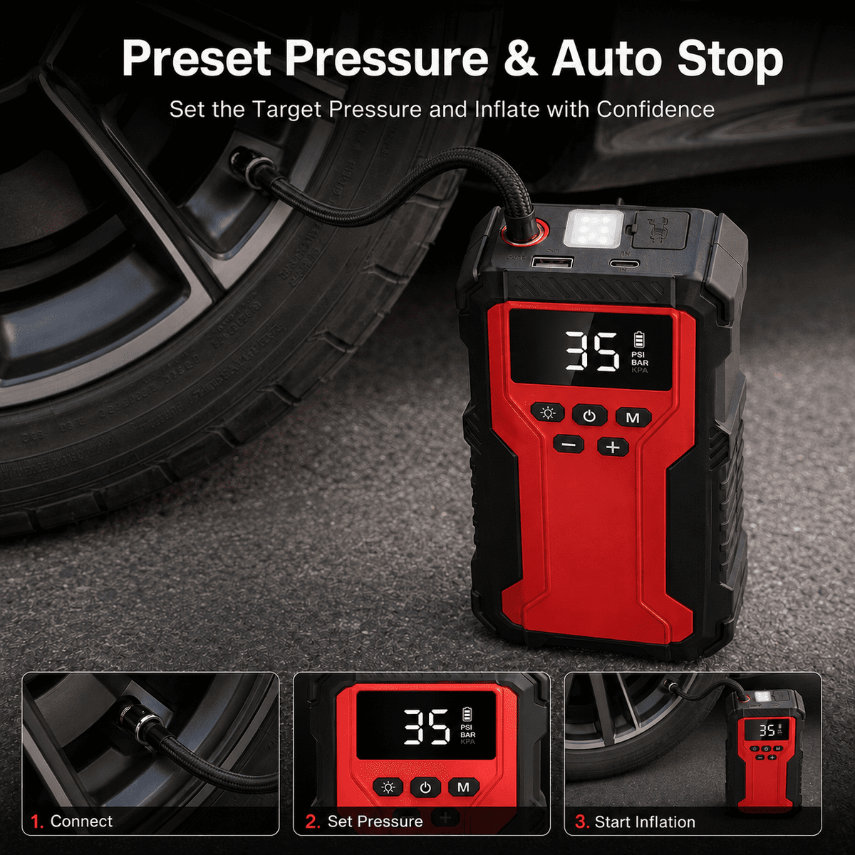 Icreopro Portable Car Battery Jump Starter with Air Compressor, 1800A Peak, 150 PSI Auto-Stop Tire Inflator, USB Power Bank, Red and Black