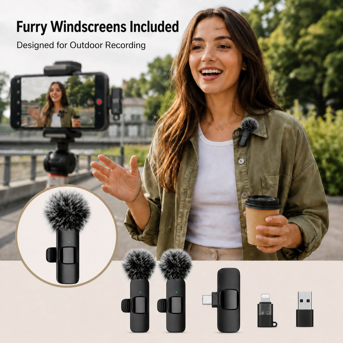 Icreopro Wireless Lavalier Microphone, Dual Clip-on Mic Kit with USB-C Receiver and 2 Adapters, 48kHz/16-Bit, Black