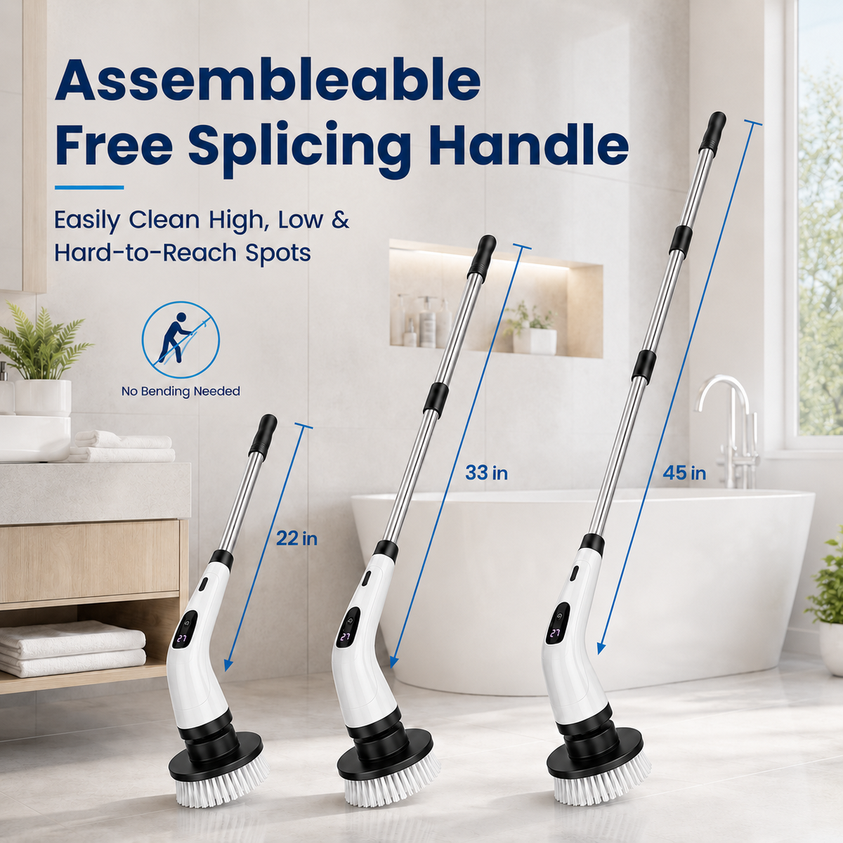 Icreopro Electric Spin Scrubber, Cordless Bathroom Cleaner with 8 Replaceable Brush Heads, Modular Extension Handle and Dual Speed Control for Shower Tile, Grout, Kitchen and Floor