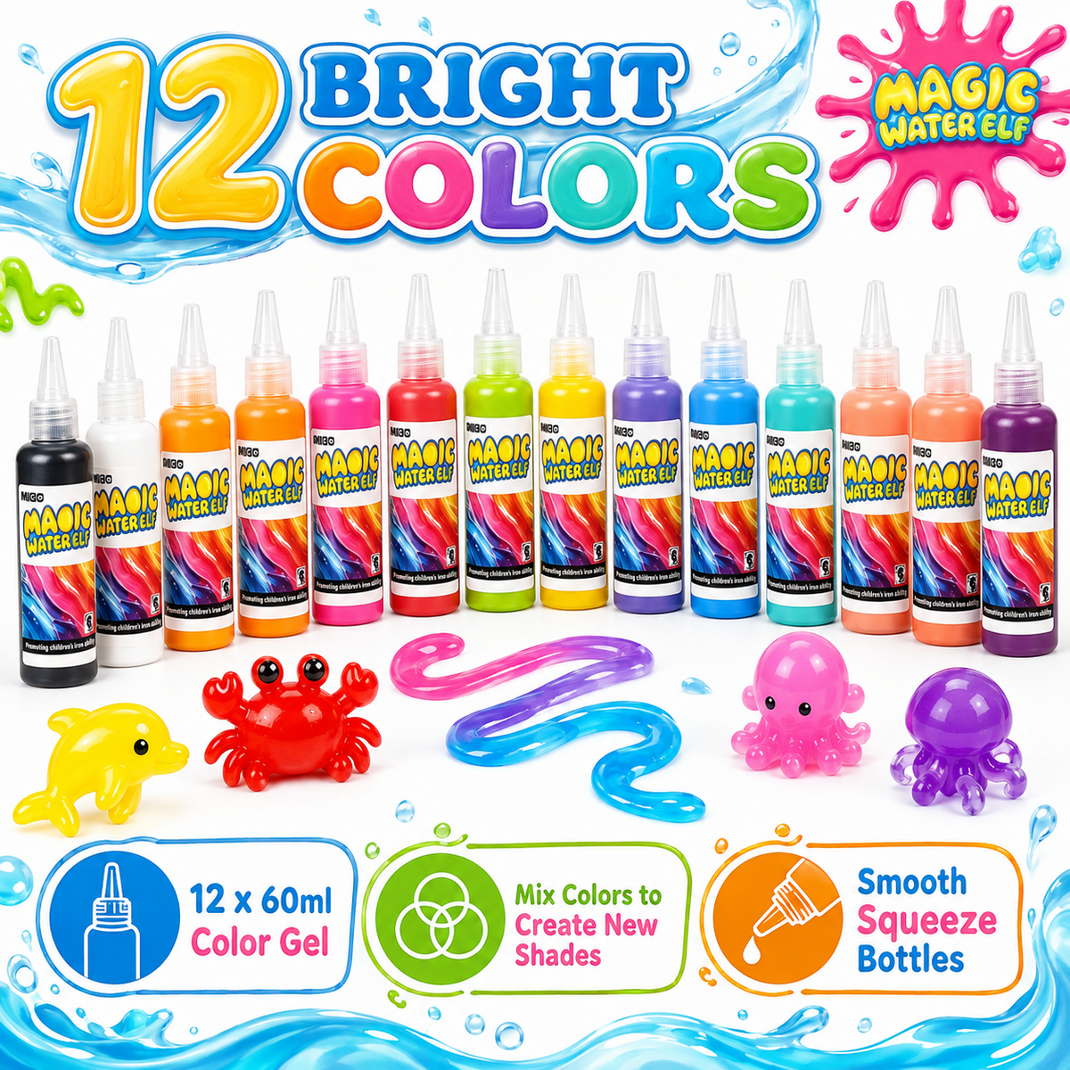 ICREOPRO Magic Gel Water Pets Toy Kit for Kids, 30-Piece Magic Water Elf DIY Craft Set with 12 Color Gels, 12 Reusable Molds and Activity Box, Birthday & Summer Gifts for Kids Ages 3+