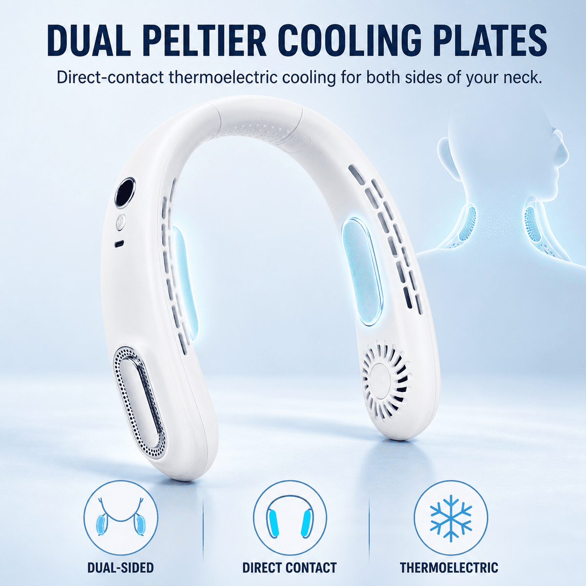 Icreopro White Portable Neck Fan with Dual Peltier Cooling Plates and 5 Speeds