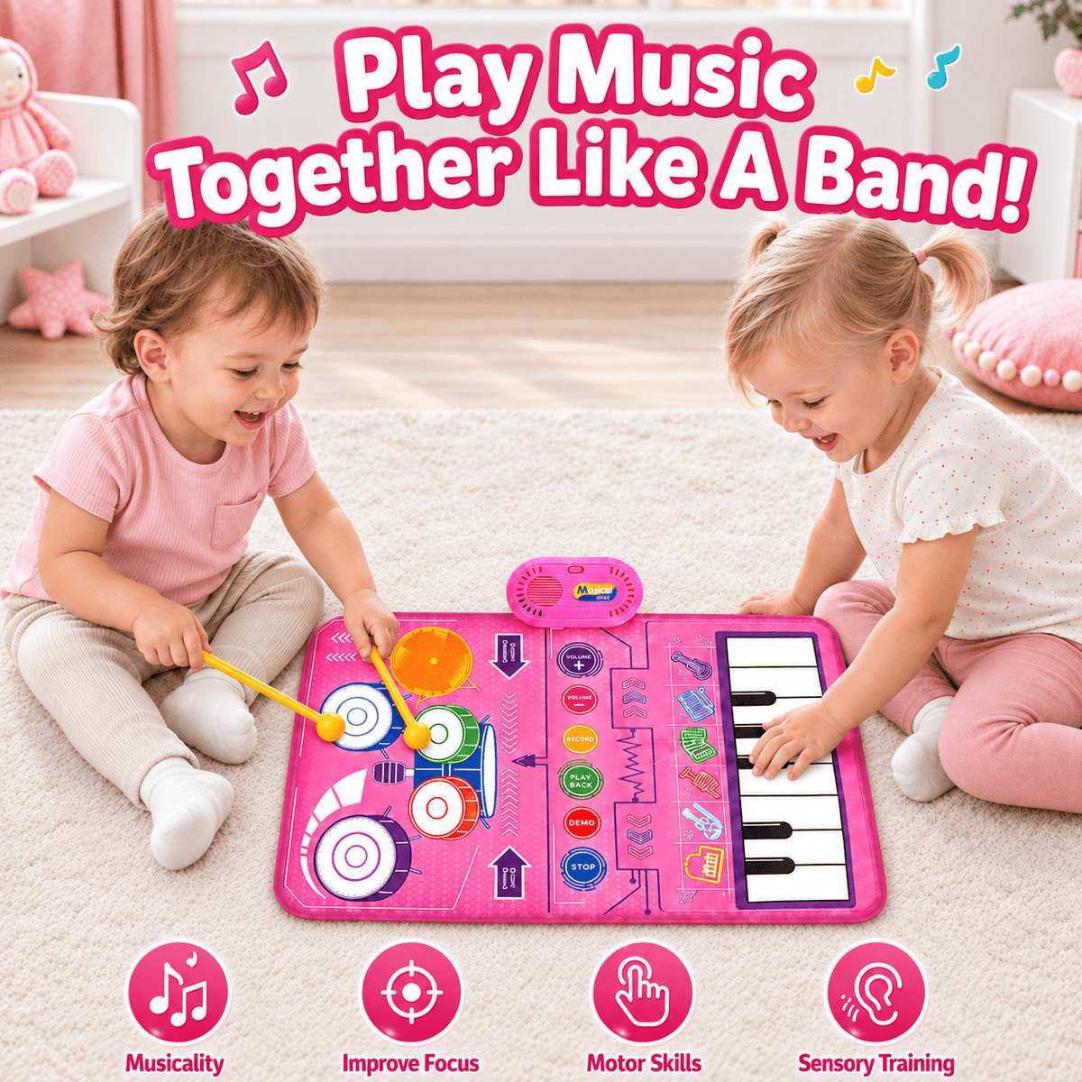 ICREOPRO 3-in-1 Toddler Musical Play Mat, Piano and Electronic Drum Toy with 13 Touch Keys, 6 Instrument Sounds and 2 Drumsticks, Birthday Christmas Gift for Girls and Boys Ages 18 Months-4 Years, Pi