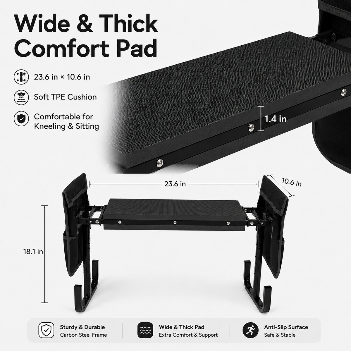 Icreopro Folding Garden Kneeler, Portable Outdoor Garden Work Stool, Kneeling Pad & Cushion Seat, Black