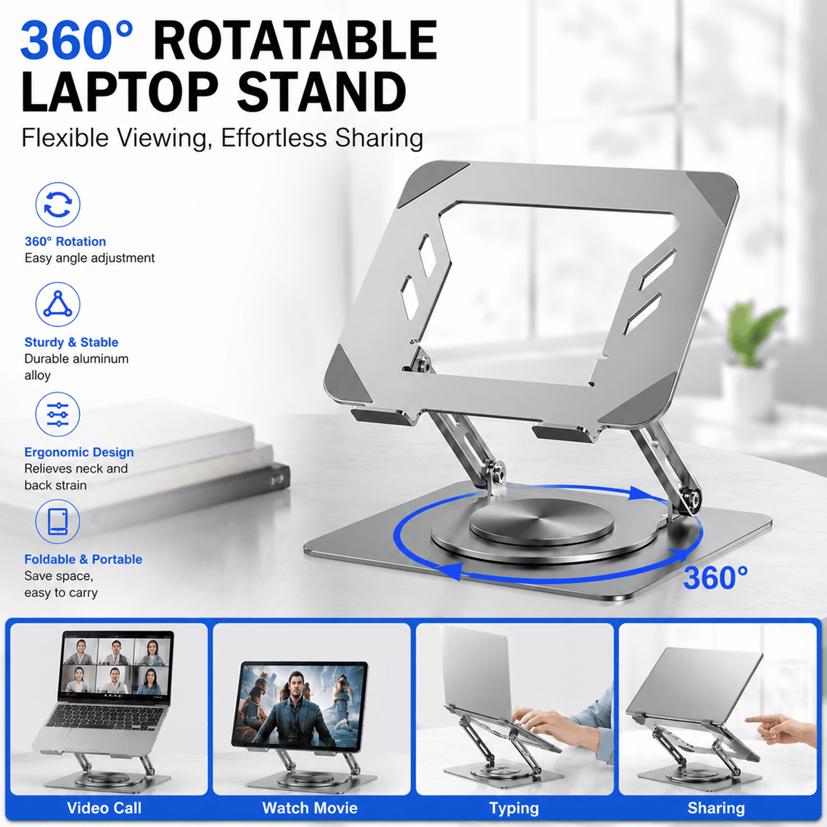 Icreopro Adjustable Laptop Stand for Desk, 360° Rotating Foldable Laptop Holder, Compatible with Laptops and Tablets up to 15.6",Gray