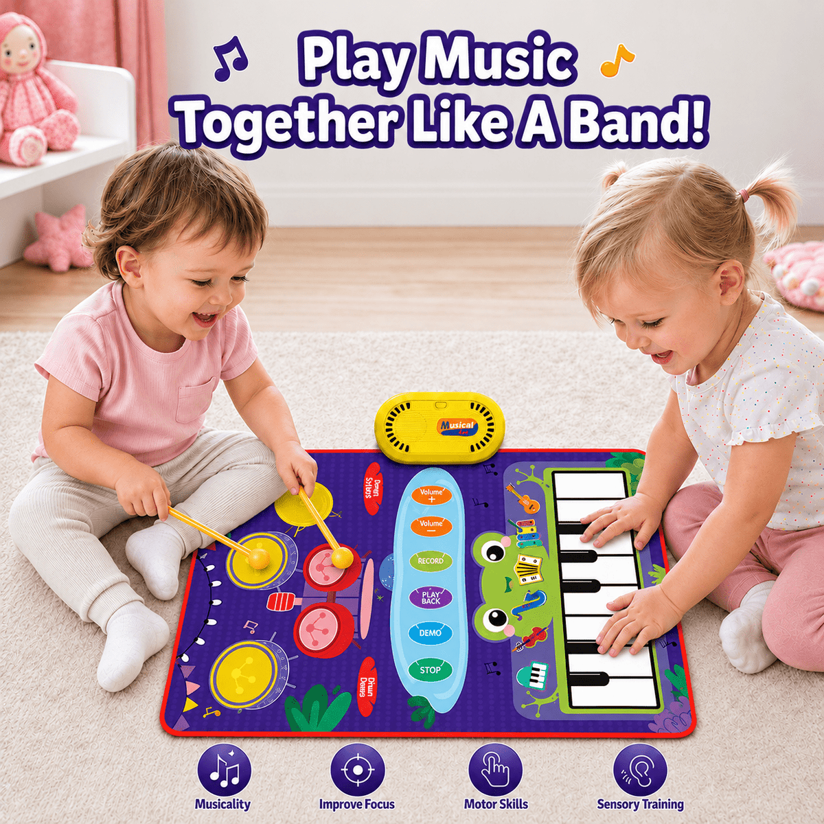 ICREOPRO 3-in-1 Toddler Musical Play Mat, Piano and Electronic Drum Toy with 13 Touch Keys, 6 Instrument Sounds and 2 Drumsticks, Birthday Christmas Gift for Girls and Boys Ages 18 Months-4 Years, Pu