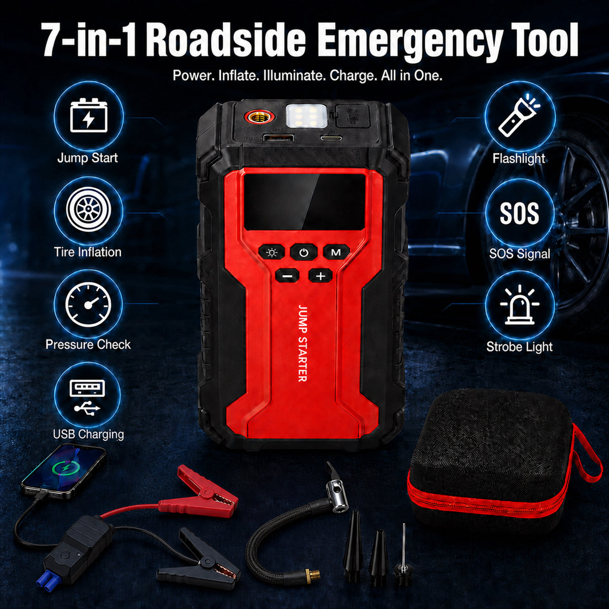 Icreopro Portable Car Battery Jump Starter with Air Compressor, 1800A Peak, 150 PSI Auto-Stop Tire Inflator, USB Power Bank, Red and Black