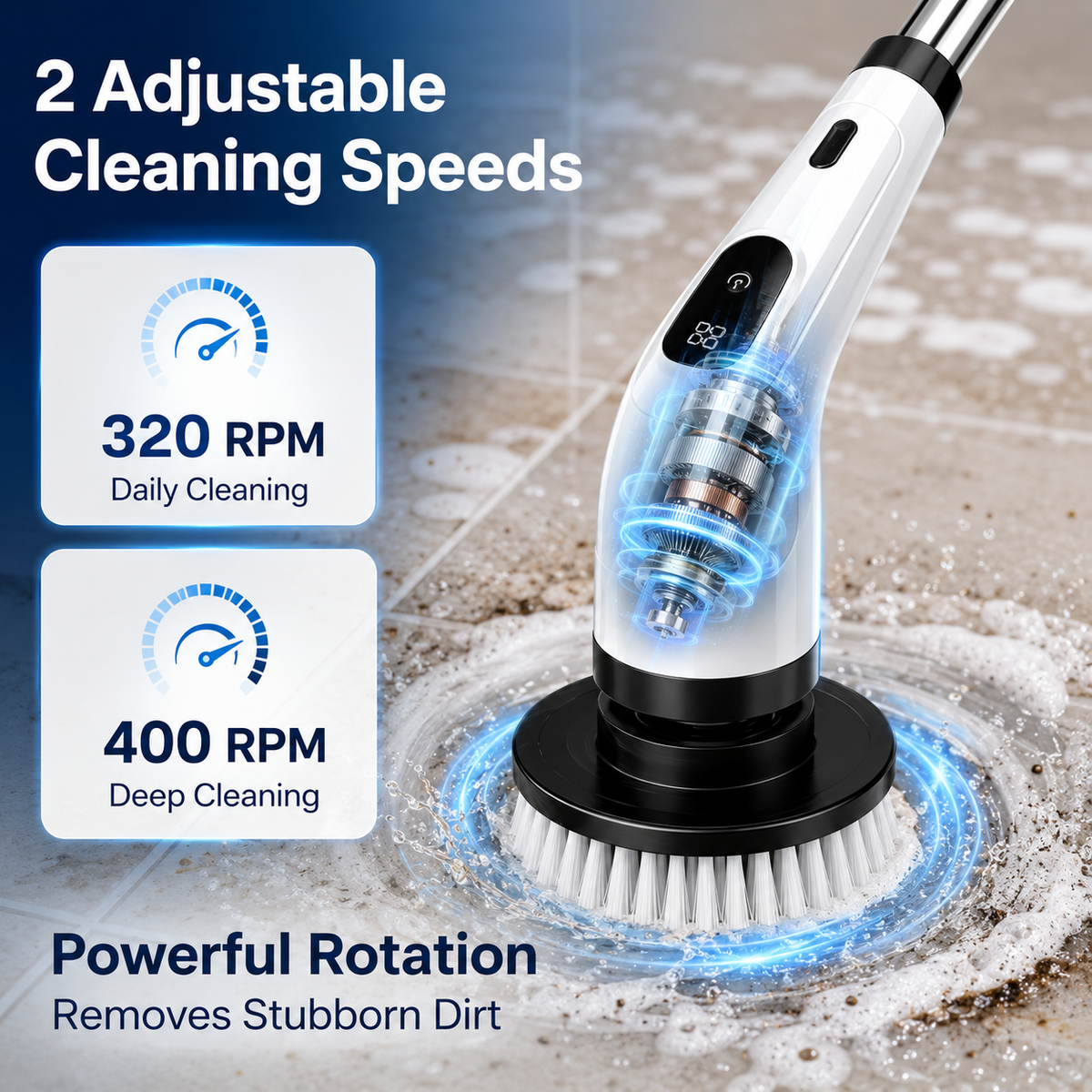 Icreopro Electric Spin Scrubber, Cordless Bathroom Cleaner with 8 Replaceable Brush Heads, Modular Extension Handle and Dual Speed Control for Shower Tile, Grout, Kitchen and Floor