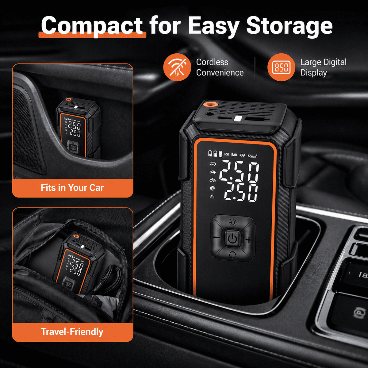 ICREOPRO Cordless Tire Inflator Portable Air Compressor,160 PSI Air Pump with LED Light & Digital Pressure Gauge,Electric Pump for Cars, Bicycle, Motorcycles