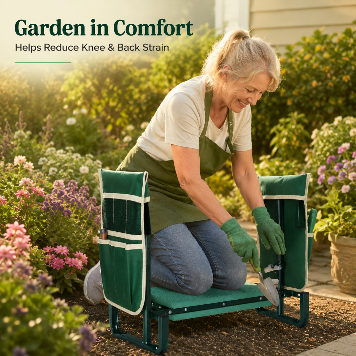Icreopro Folding Garden Kneeler, Portable Outdoor Garden Work Stool, Kneeling Pad & Cushion Seat, Green