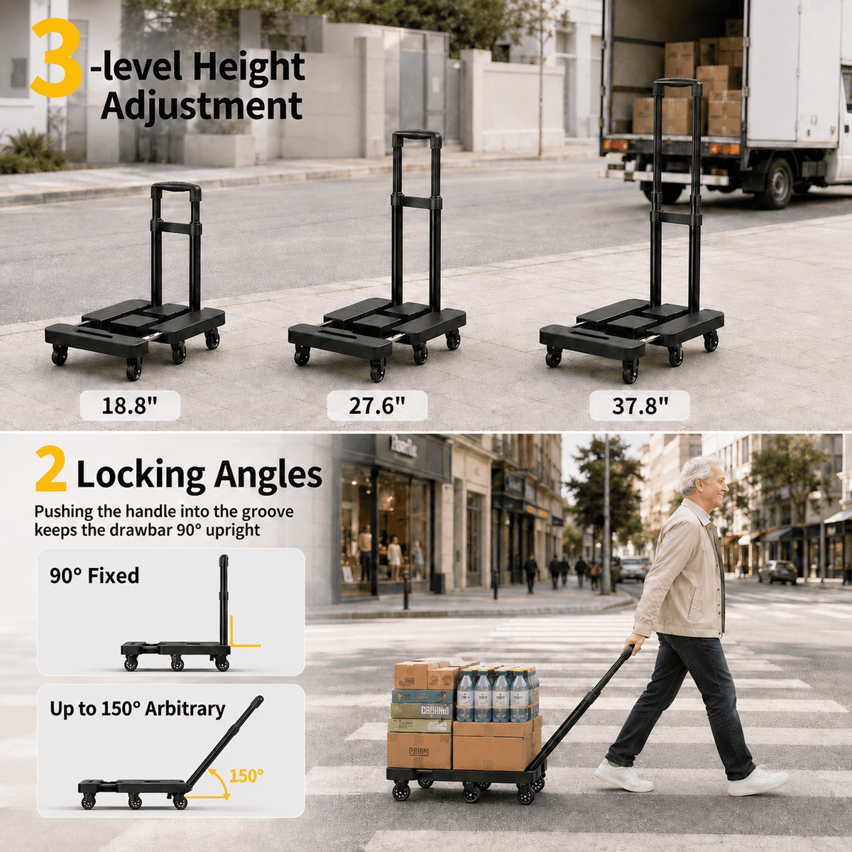 Icreopro Folding Hand Truck, 500 lbs Heavy Duty Dolly Cart, 6 Stair Climbing Wheels, Telescopic Handle, Utility Cart for Moving Shopping Travel, Black