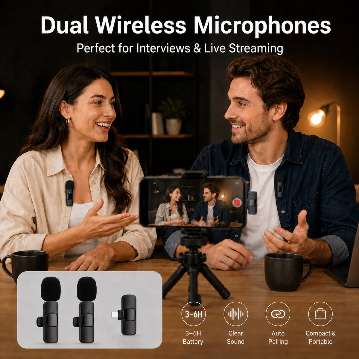 Icreopro Wireless Lavalier Microphone, Dual Clip-on Mic Kit with USB-C Receiver and 2 Adapters, 48kHz/16-Bit, Black
