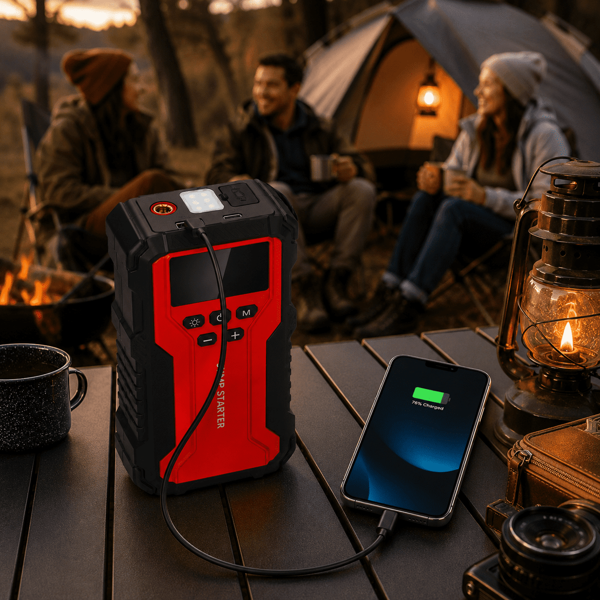 Icreopro Portable Car Battery Jump Starter with Air Compressor, 1800A Peak, 150 PSI Auto-Stop Tire Inflator, USB Power Bank, Red and Black