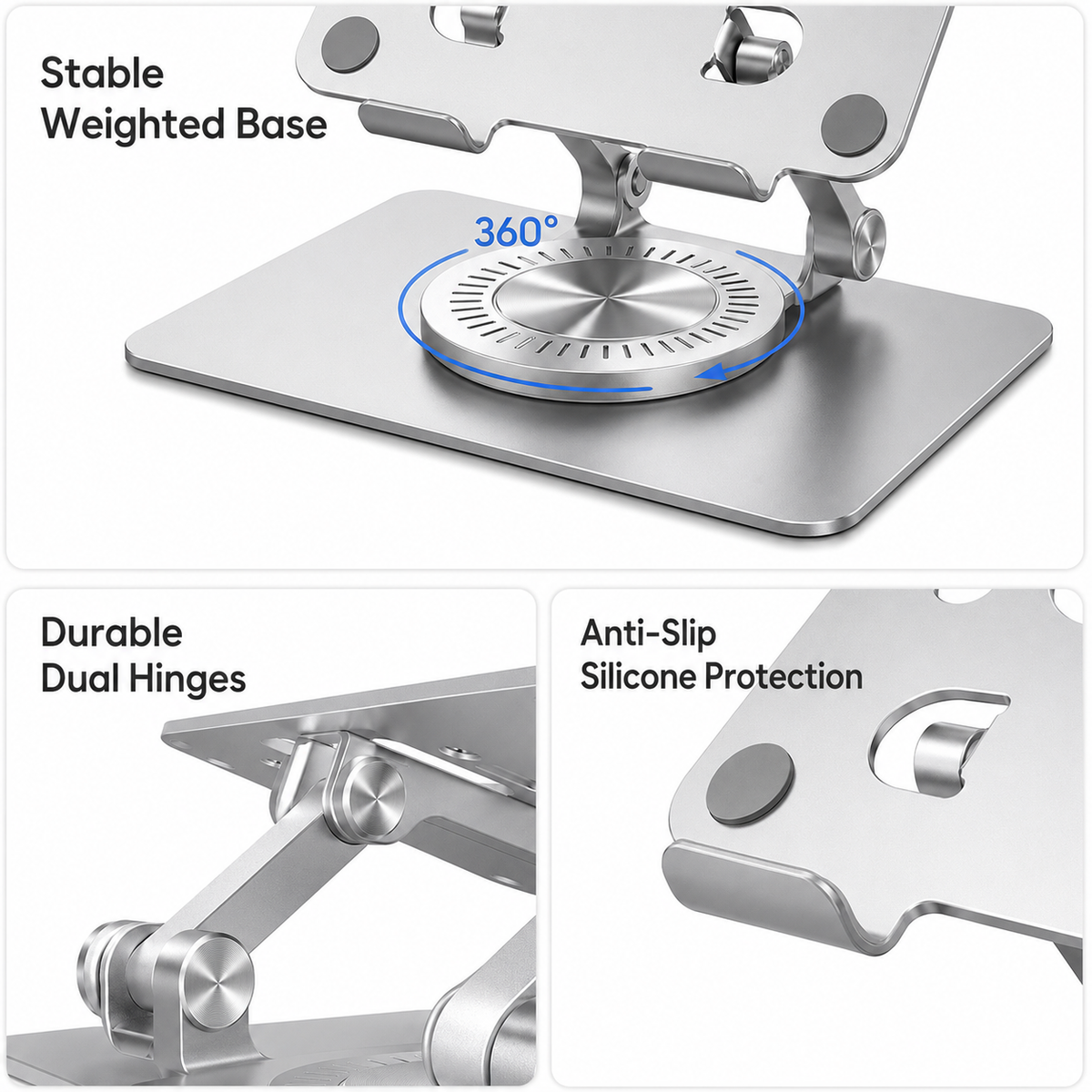 Icreopro Adjustable Tablet Stand for Desk, Aluminum iPad Holder with 360° Swivel Base, Silver