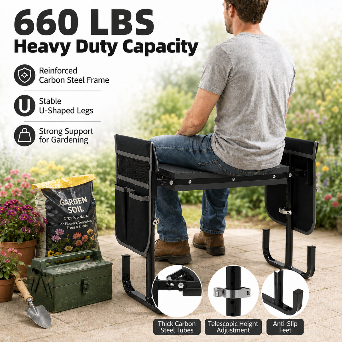 Icreopro Folding Garden Kneeler, Portable Outdoor Garden Work Stool, Kneeling Pad & Cushion Seat, Black